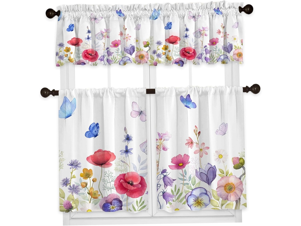 Conjunto De Cortinas Cozinha Para Janelas, Cortinas Florais Semi Envelhecidas De 3 Peças E Com Bolsos Para Decoração