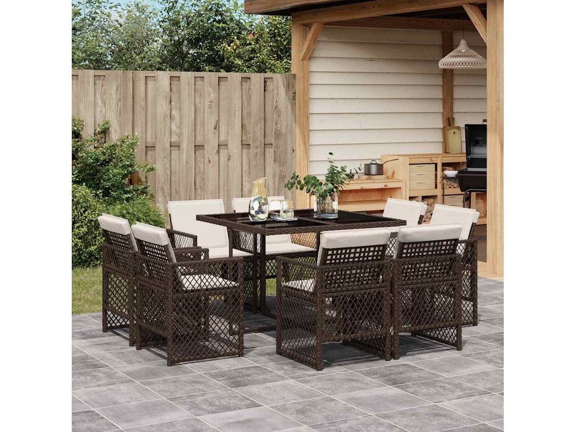 Vidaxl 9 Pcs Conjunto Jantar P/ Jardim C/ Almofadões Vime Pe Castanho