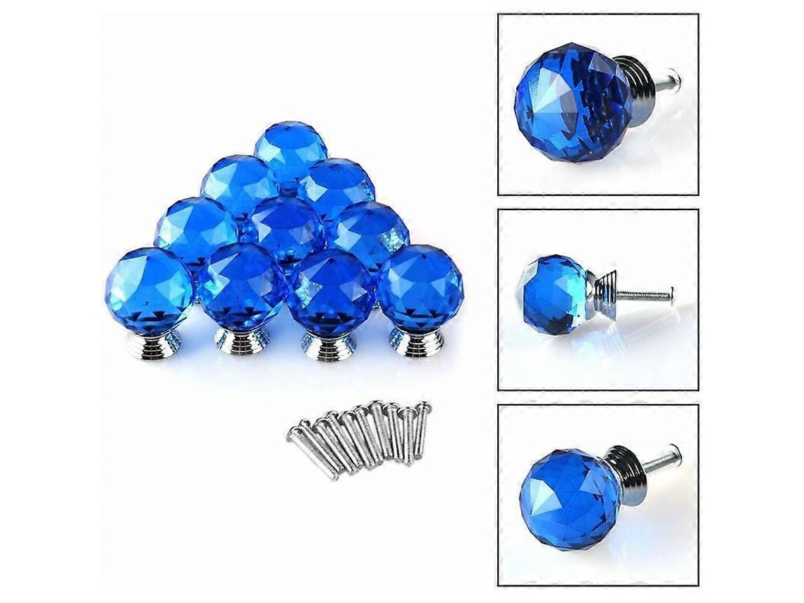 Jogo de 10 Puxadores de Cristal Azul, Redondos, 30mm, para Móveis, S/MARCA