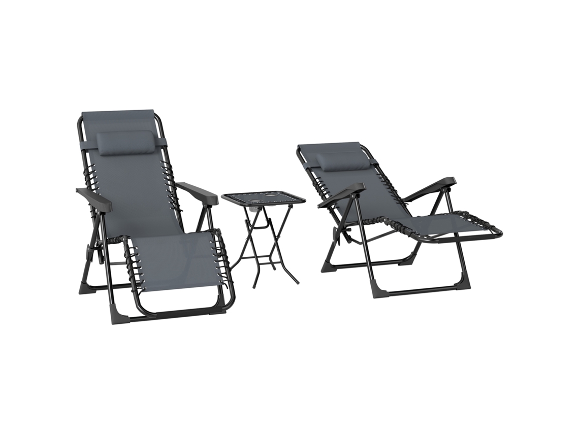Conjunto de 2 Espreguiçadeiras Double Gravity Zero com Mesa Lateral e Apoio de Cabeça (Cinza)