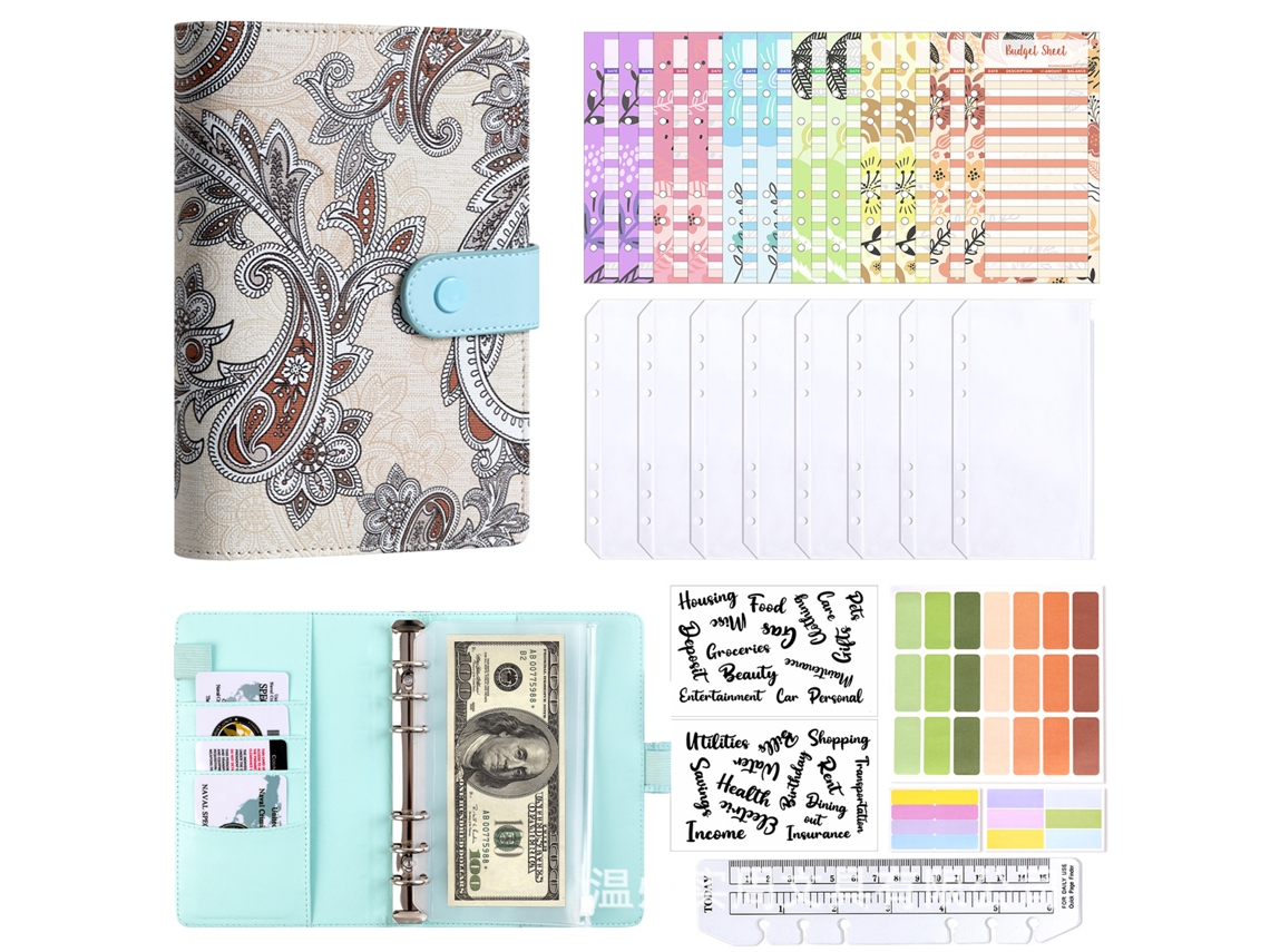 A6 Cashew Pattern Budget Planner Notebook Blue Cover With 8-zipper Pockets, A6 Cash Budget Cards 12, Stickers, English