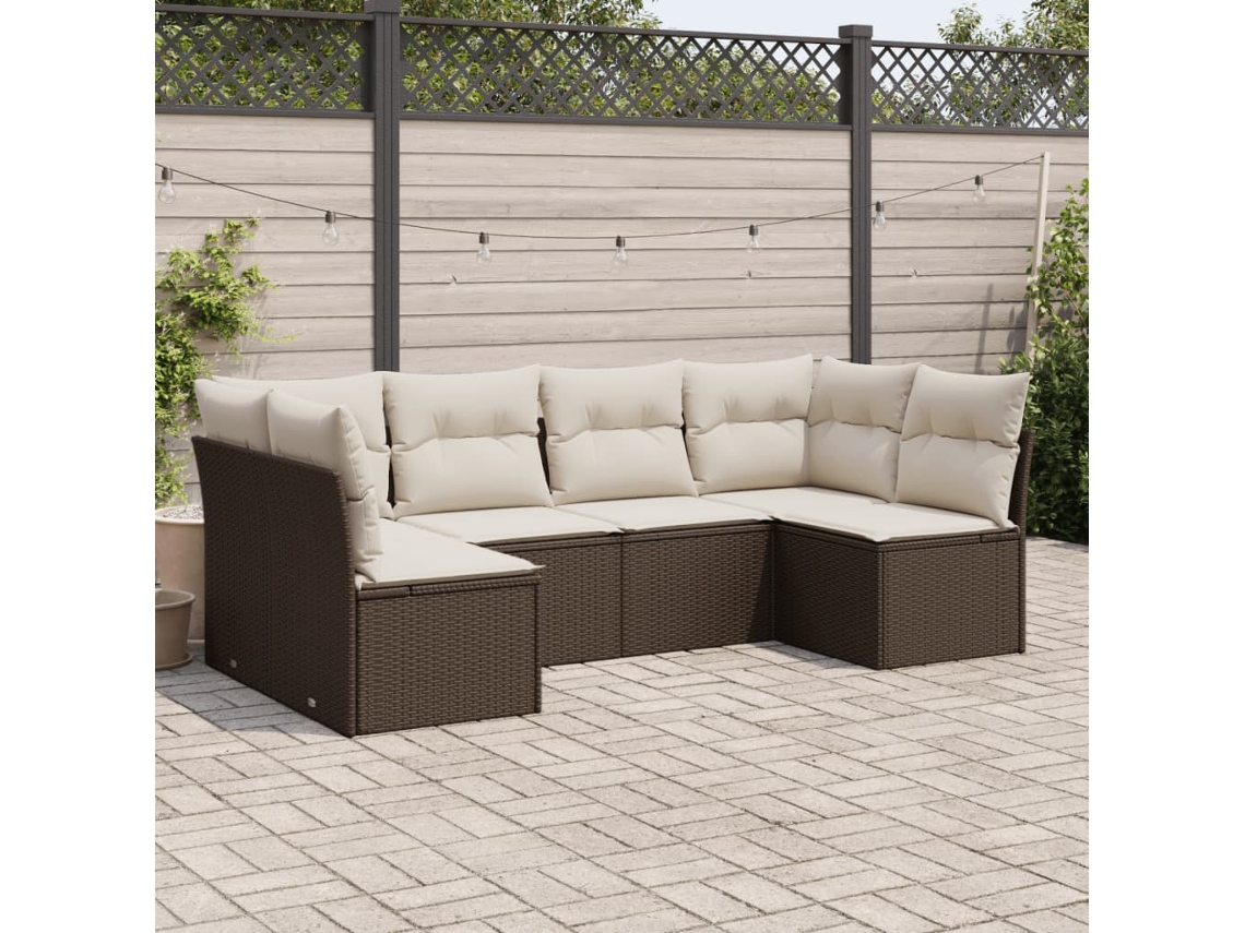 Jogo de Sofá 6 Peças Jardim C/ Almofadões Vime Pe Marrom Dkd Home Decor