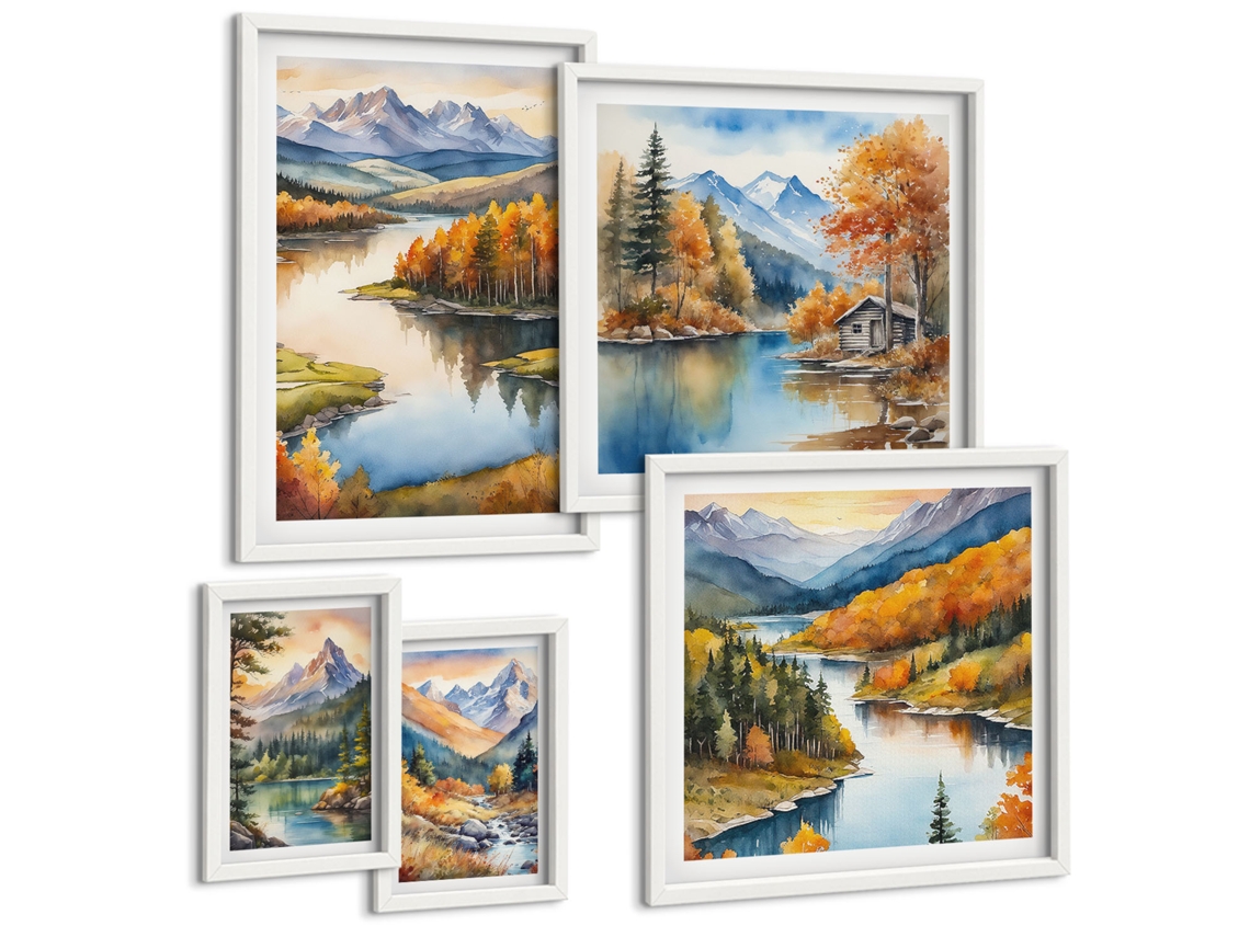 Conjunto De Pinturas Rios De Montanha Árvores De Outono Espelharte (5 Peças)