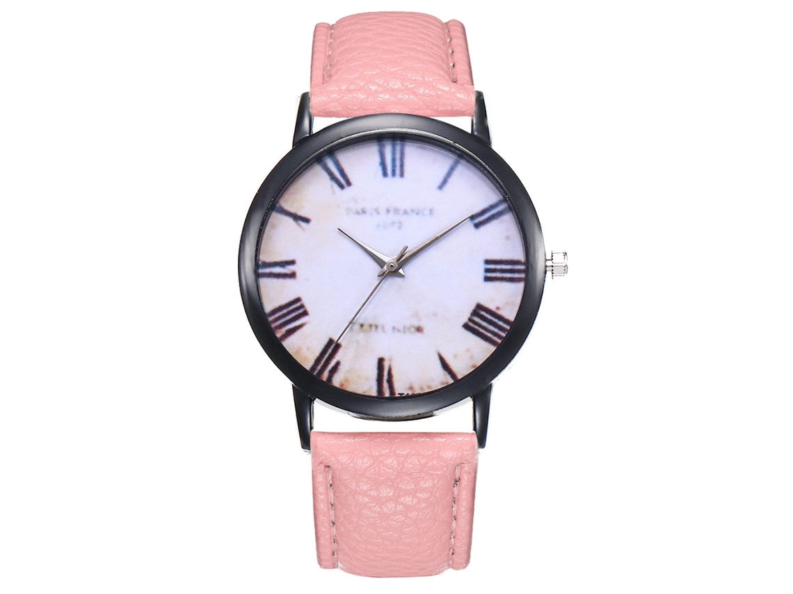 Relógio de quartzo unissex com pulseira de couro PU, mostrador redondo moderno, numerais romanos, rosa.