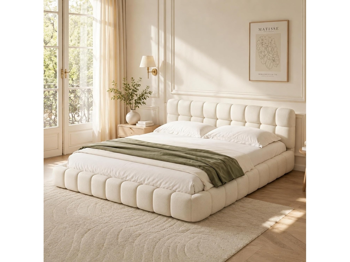 Cama De Casal 160x200 Cm Com Cabeceira, Cama Estofada/Com Bolhas, Estrutura De Cama Para Quarto/Em Forma De Tronco, Em Linho,bege