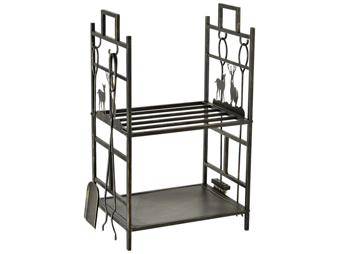 Suporte Lenha Ferro Batido C/ferram Pegas Base Elev 51,5x33x77cm Preto