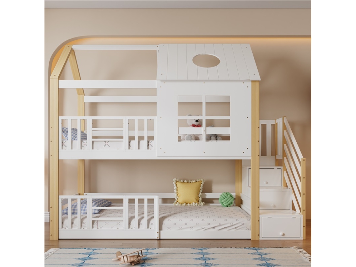 Cama Alta 90x200 Com Escada E Janela Branca