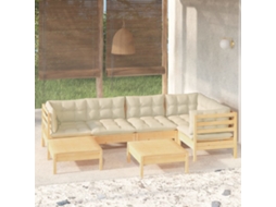 Vidaxl 7 Pcs Conjunto Lounge Jardim C/ Almofadões Creme Pinho Maciço