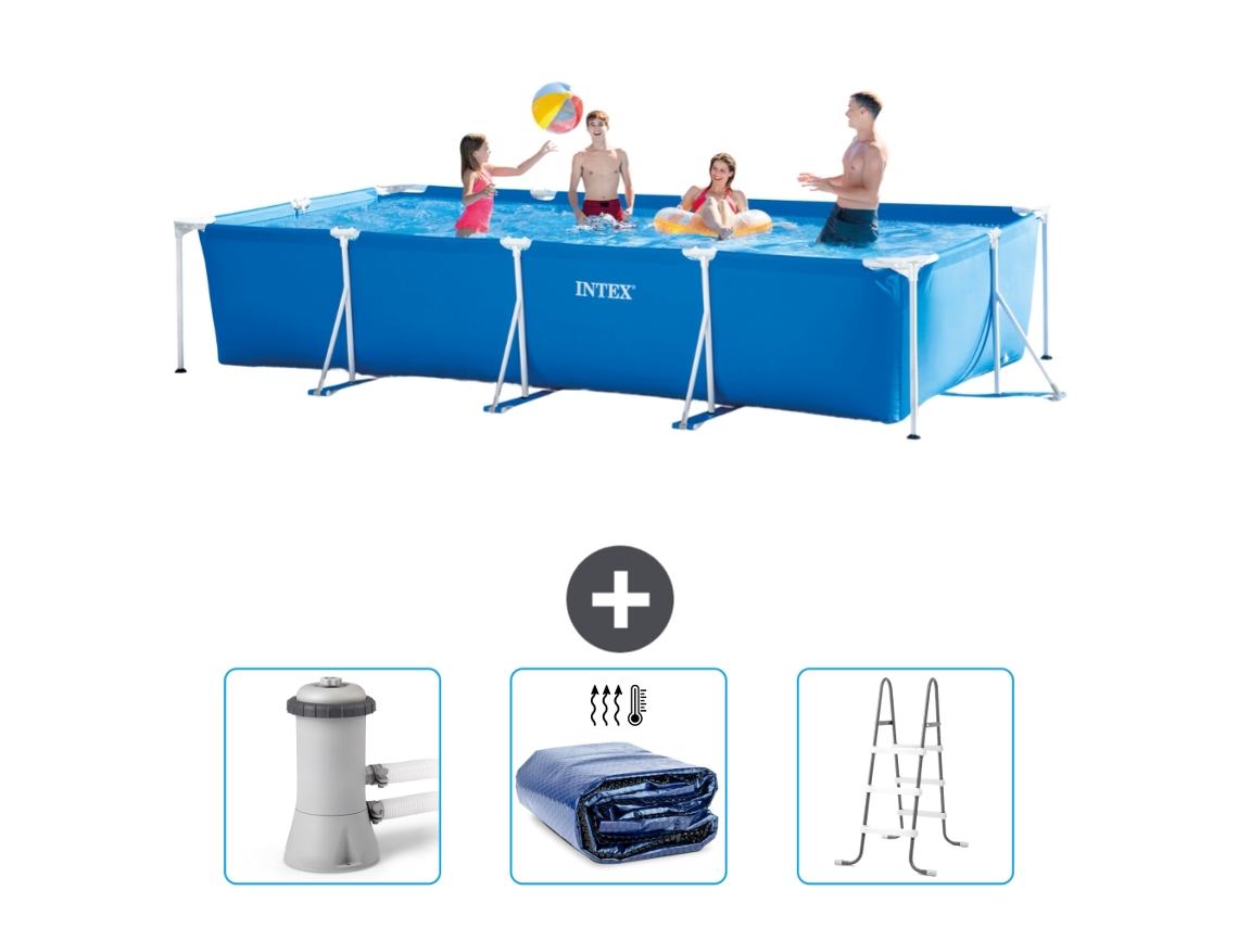 Piscina com Estrutura Retangular INTEX 450 X 220 X 84 Cm Azul Incluída Bomba de Filtro de Piscina Vela Solar Escada