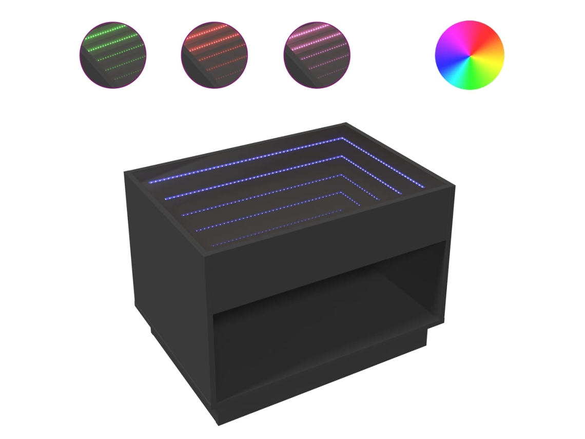 Mesa de centro Infinity com luzes LED, 70x50x50 cm, preta, exclusiva da MAISON.
