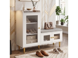 Lazyspace Sapateira De Entrada 100x35x90 Cm Com Banco Estofado E Portas De Vidro Canelado - Branco E Dourado