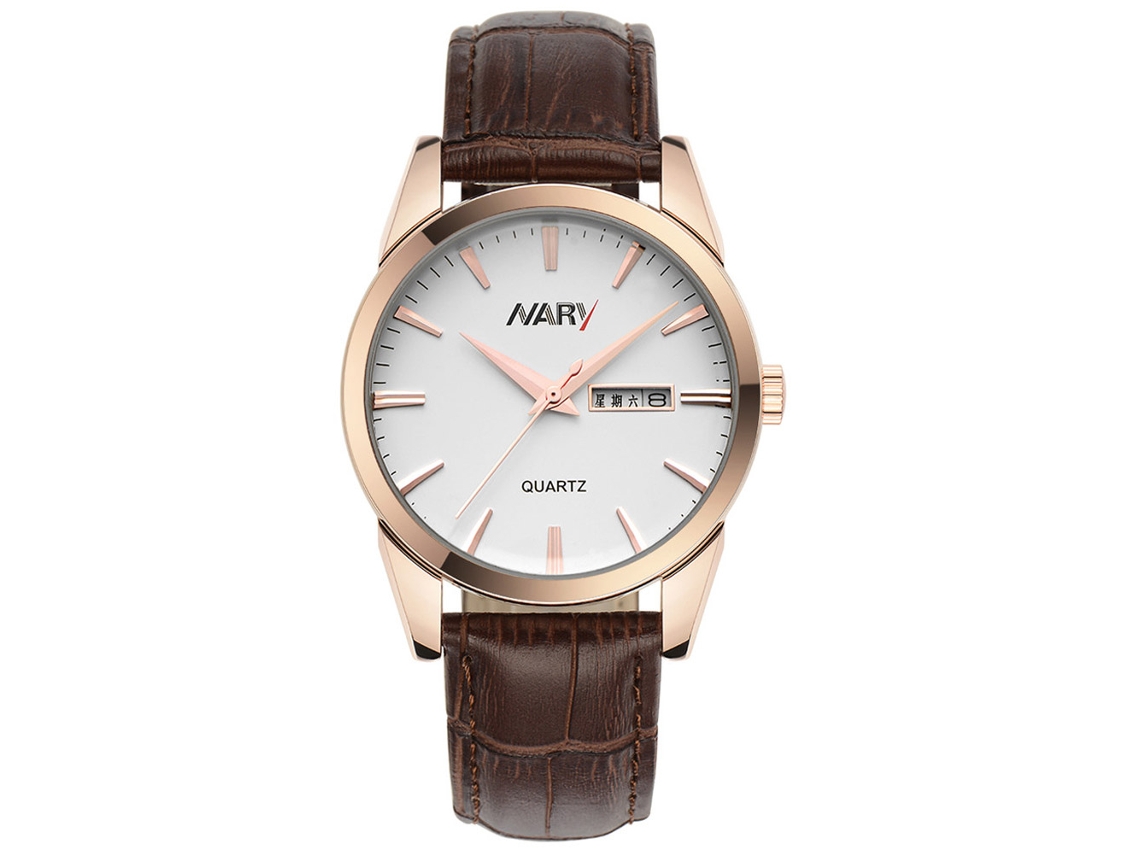 Reloj De Pulsera De Aleación Redondo Caja Oro Rosa Cuarzo Analógico Hombre Cuero