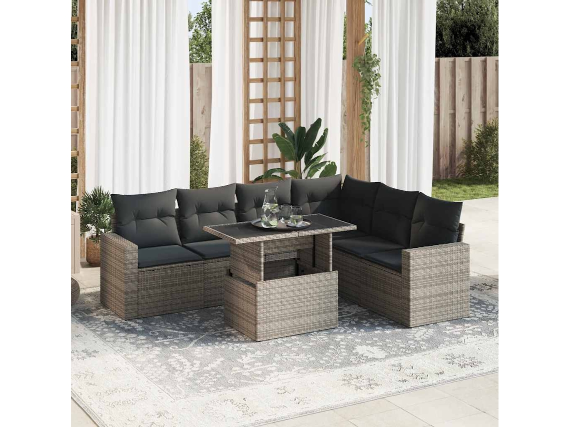 Vidaxl 7 Pcs Conjunto Sofás P/ Jardim C/ Almofadões Vime Pe Cinzento