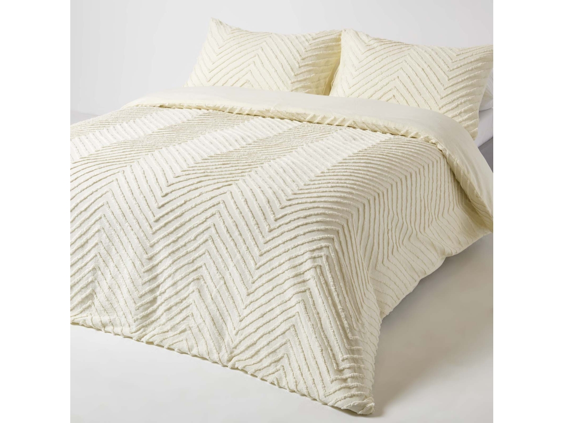 Homescapes Off White Chevron Cotton Tufted Duvet Cover Set, Double