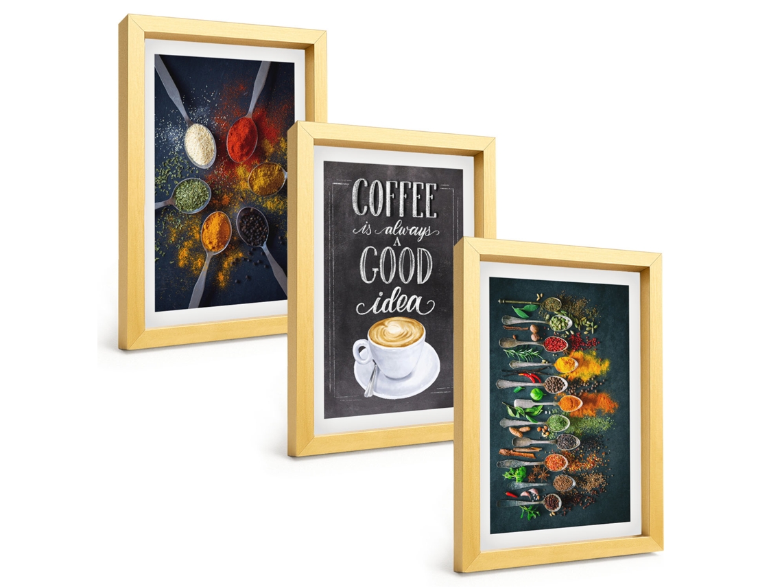 Composição De Quadrosespeciarias, Café, Ervas, Padrões Moldura Dourada Imagens Para Um Quarto Infantil Espelharte (3 Peças 20x30 Cm)