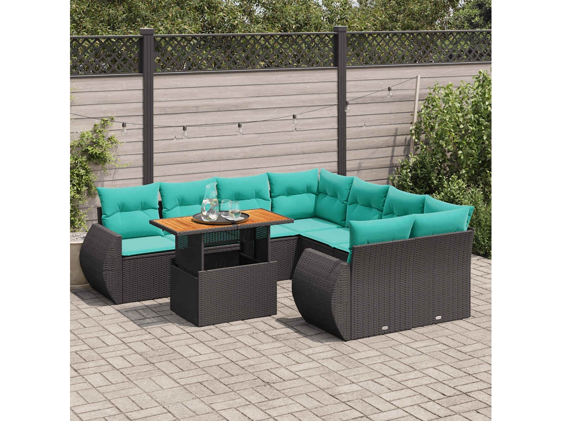 Vidaxl 9 Pcs Conjunto De Sofás P/ Jardim C/ Almofadões Vime Pe Preto