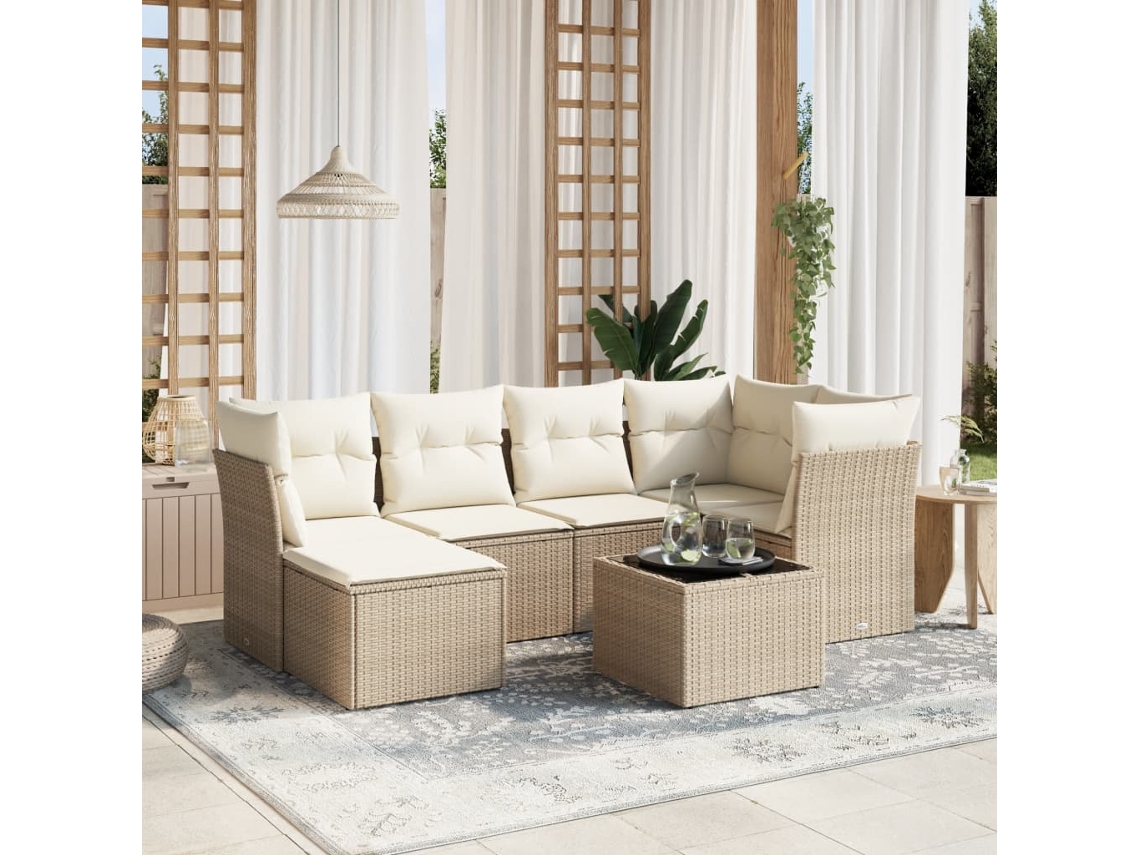 Vidaxl 7 Pcs Conjunto De Sofás P/ Jardim Com Almofadões Vime Pe Bege