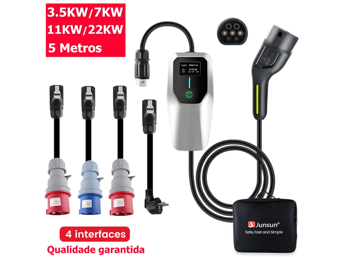Carregador Portátil Para Carros Elétricos 22 Kw – 32 A – Cabo Tpe 5 M Ecrã Lcd Agendamento Inteligente