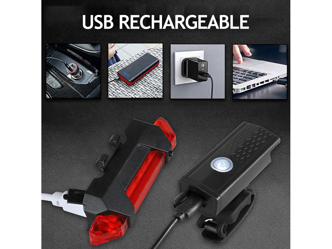 Conjunto de Luz de Bicicleta com farol dianteiro e traseiro USB recarregável 800lm | S/MARCA