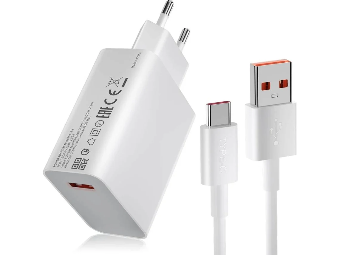 Kit Carregador Turbo Fast Charge e Cabo de Carga VENISYMLIS para Xiaomi Redmi Note 11 Pro+ (33W - 3A - USB - C - Branco)
