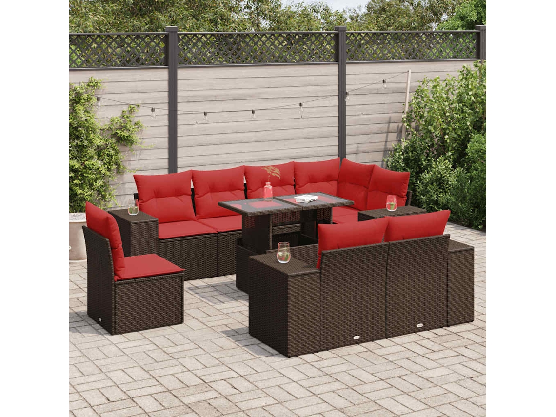 Vidaxl 9 Pcs Conj. Sofás Jardim C/ Almofadões Vime Pe/acácia Castanho