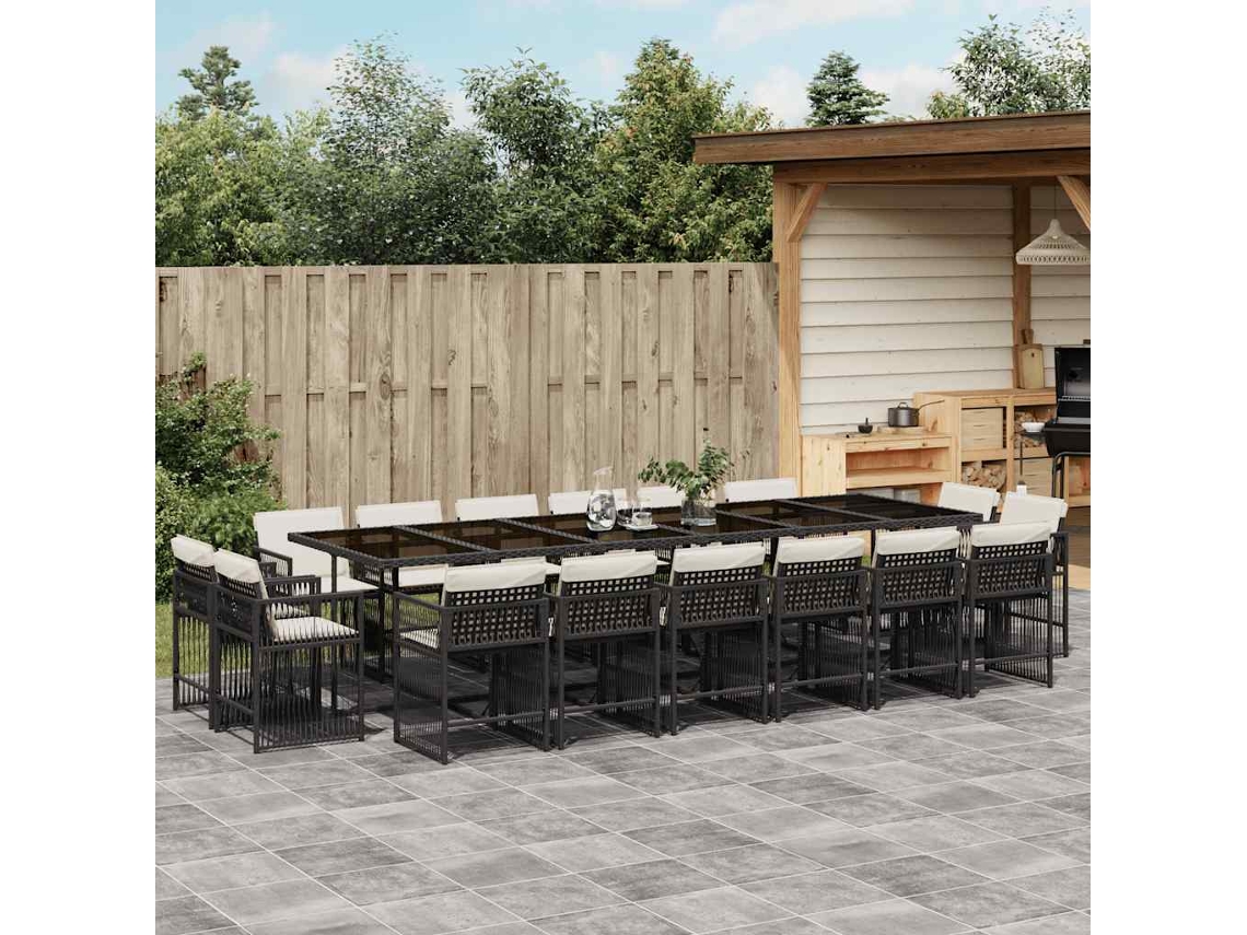 17 Pcs Conjunto De Jantar P/ Jardim C/ Almofadões Vime Pe Preto Dkd Home Decor