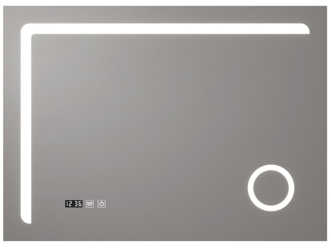 Espelho de parede com LED Espelho de casa de banho Chambave IP65 anti-embaciamento relógio lupa 3X alumínio 70 x 100 x 3 cm Prata PRO.TEC