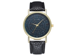 Relógio masculino com mostrador céu estrelado, movimento de quartzo e pulseira de couro preta.