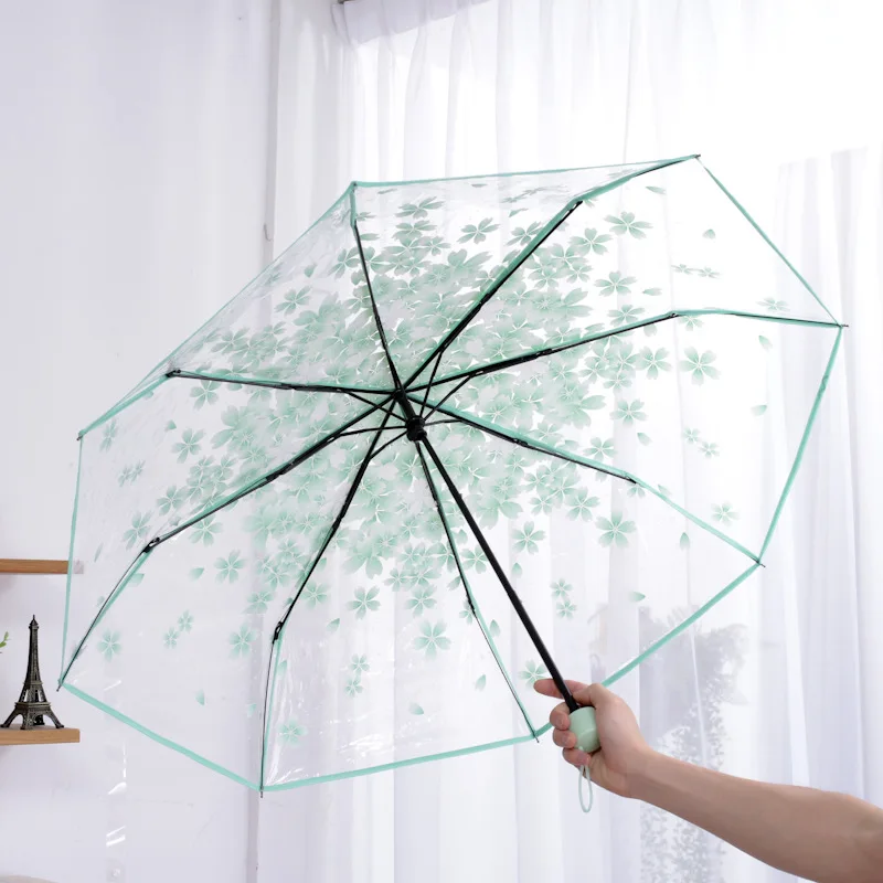 Guarda chuva MDUG transparente em formato de flor de cerejeira, dobrável (verde claro)