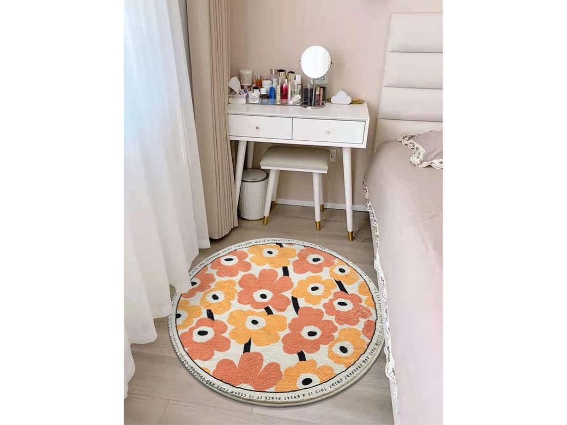 2026 alfombra de Baño Linjou Fluffy, Naranja Vintage Floral Fondo Blanco, Redonda Suave