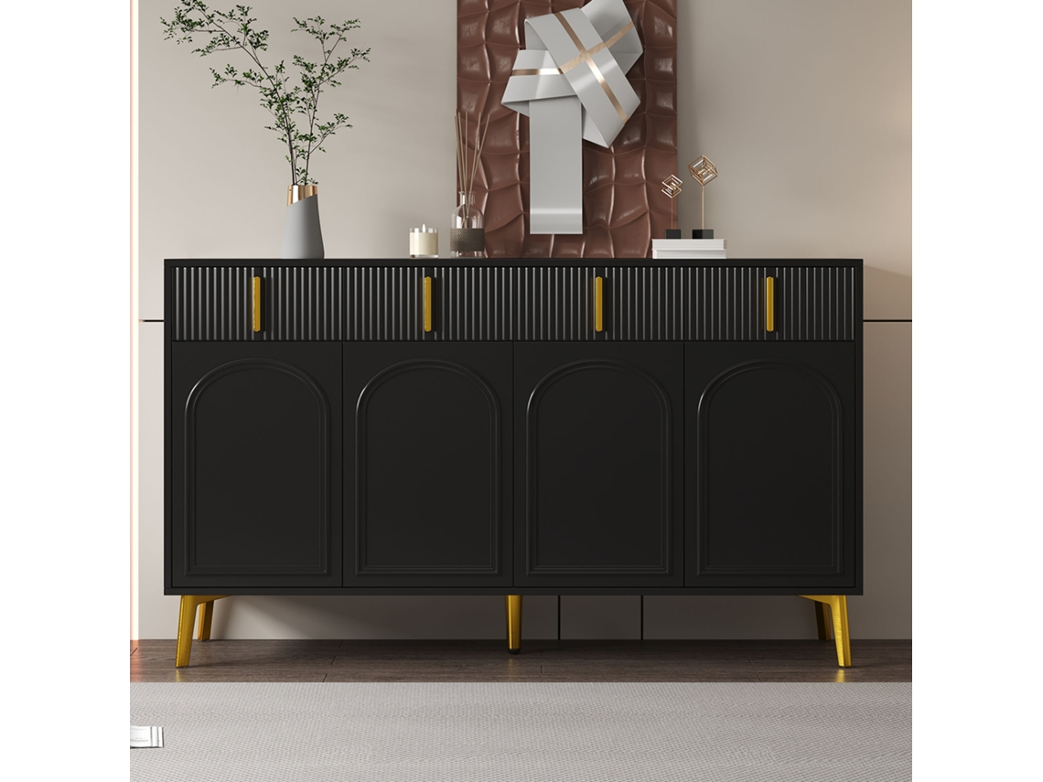 Buffet Com Punhos E Pés Dourados, Quatro Portas, Quatro Gavetas, Painel Amovível Para Sala E Sala De Jantar 140×38×82 Cm