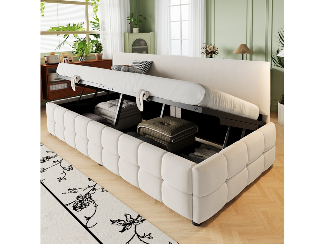 Cama Solteiro Bege 90x200cm Estofada, Veludo, Hidráulica, Padrão Inferior. -op