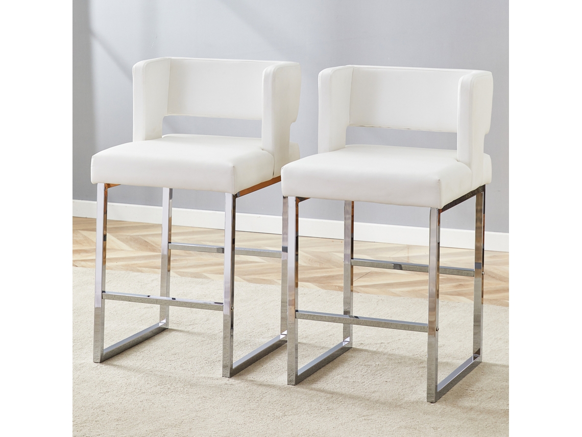 Conjunto De 2 Banquetas De Bar Em Estilo Nórdico Com Design Quadrado Moderno E Pés De Metal Prateado.