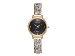 Relógio de Pulso Feminino de Quartzo com Pulseira de Liga e Strass Decoração Ouro+preto