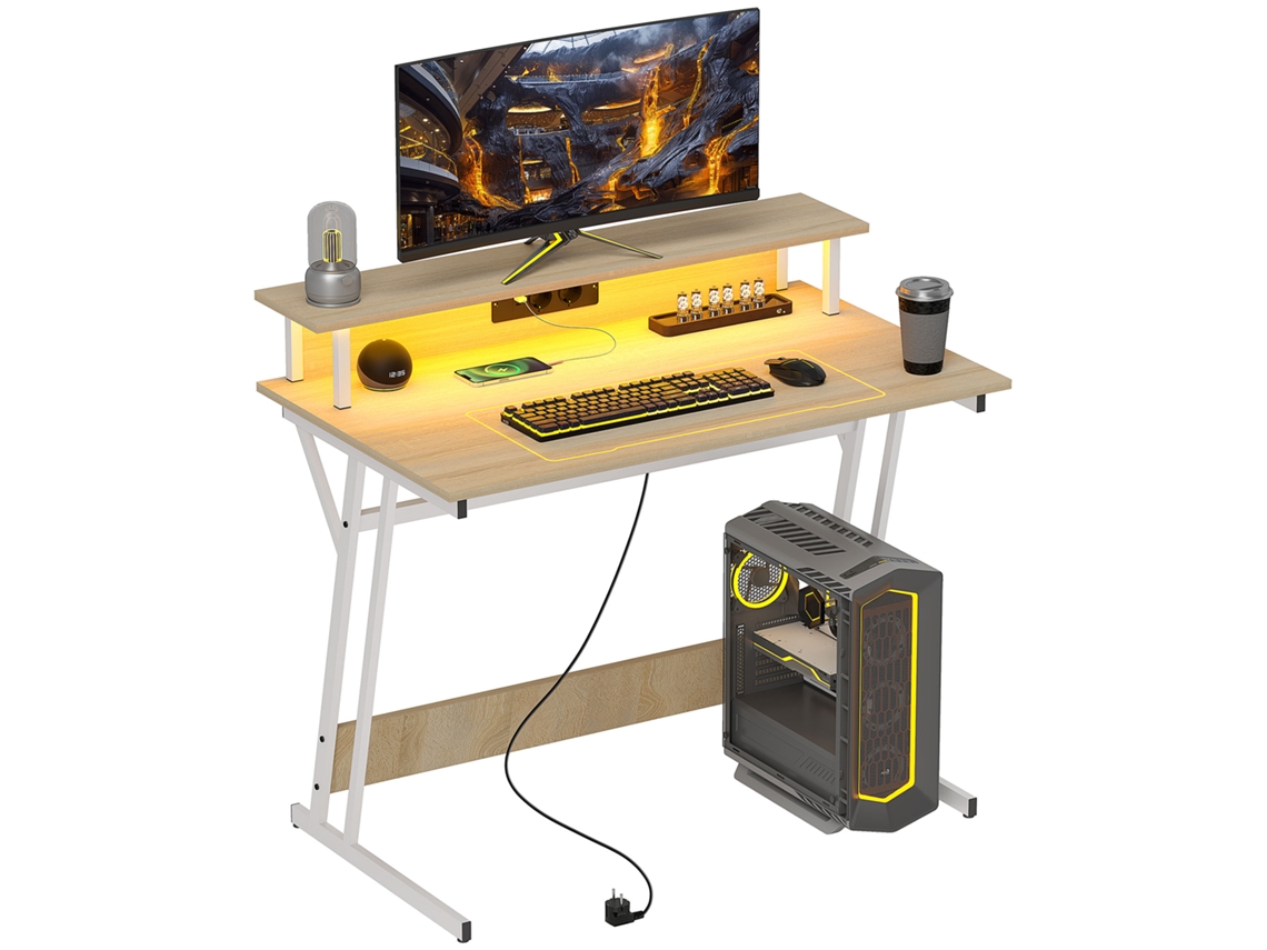 Secretária de Gaming com Luzes LED, Tomadas e Prateleiras 100x60x88,5 Cm Madeira S/MARCA