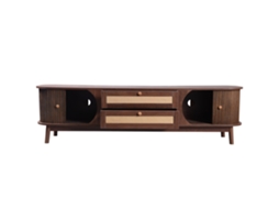 Rack De Tv Em Madeira Natural Com Portas E Gavetas,design Rústico Com Laterais De Vime,solução De Armazenamento Elegante