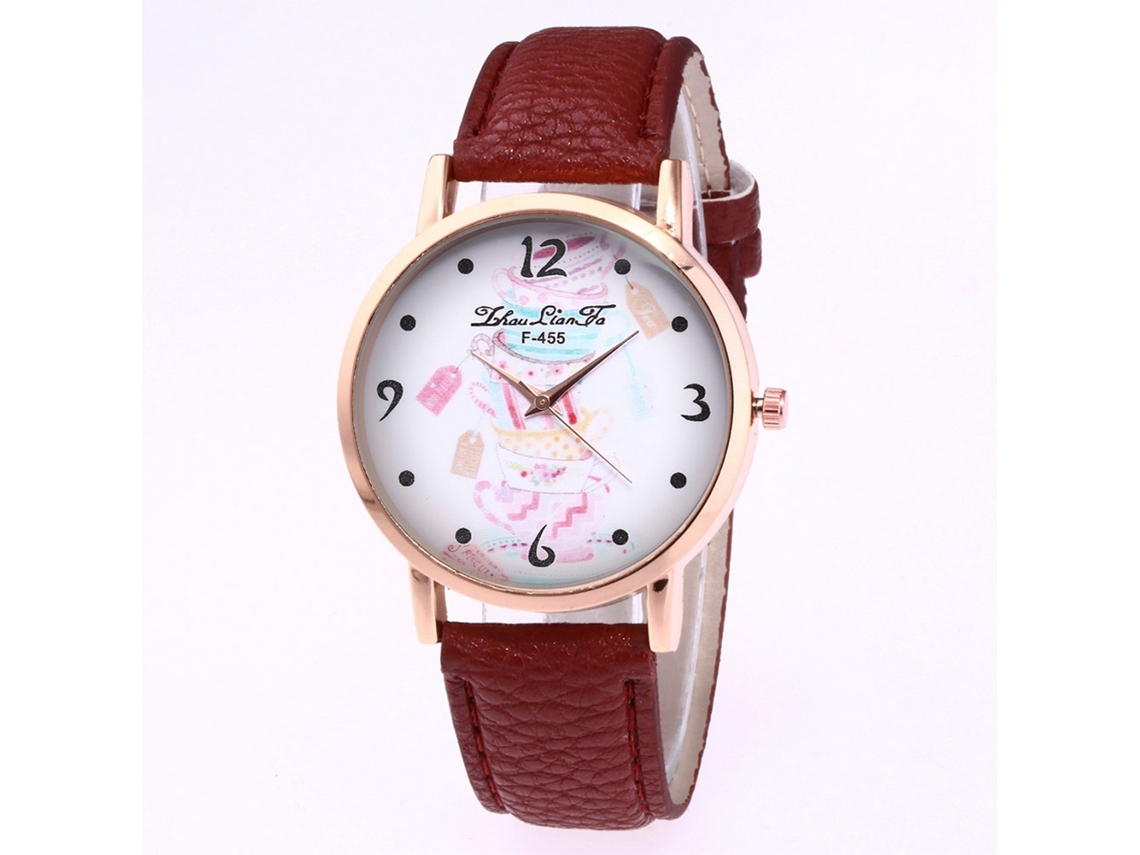 Relógio de Pulso Casual Simples Elegante Quartzo com Pulseira de Couro Pu Café