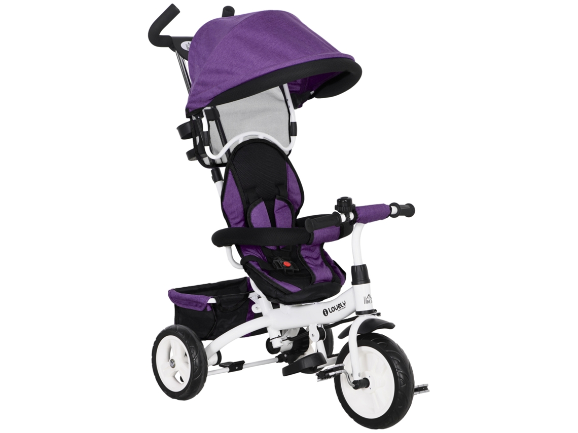 Triciclo Evolutivo Para Bebés De +12 Meses 2 Em 1 Com Toldo Dobrável Guiador Cinto De Segurança E Cesto 95x50x106 Cm Roxo