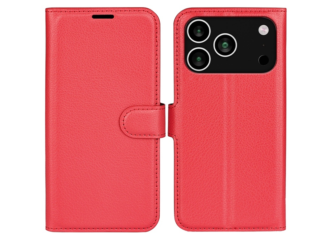 Capa Carteira Para Iphone 17 Pro Em Couro Com Textura De Lichia - Vermelha