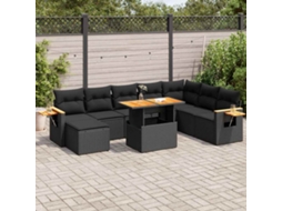 Vidaxl 9 Pcs Conjunto Sofás P/ Jardim Almofadões Vime Pe/acácia Preto