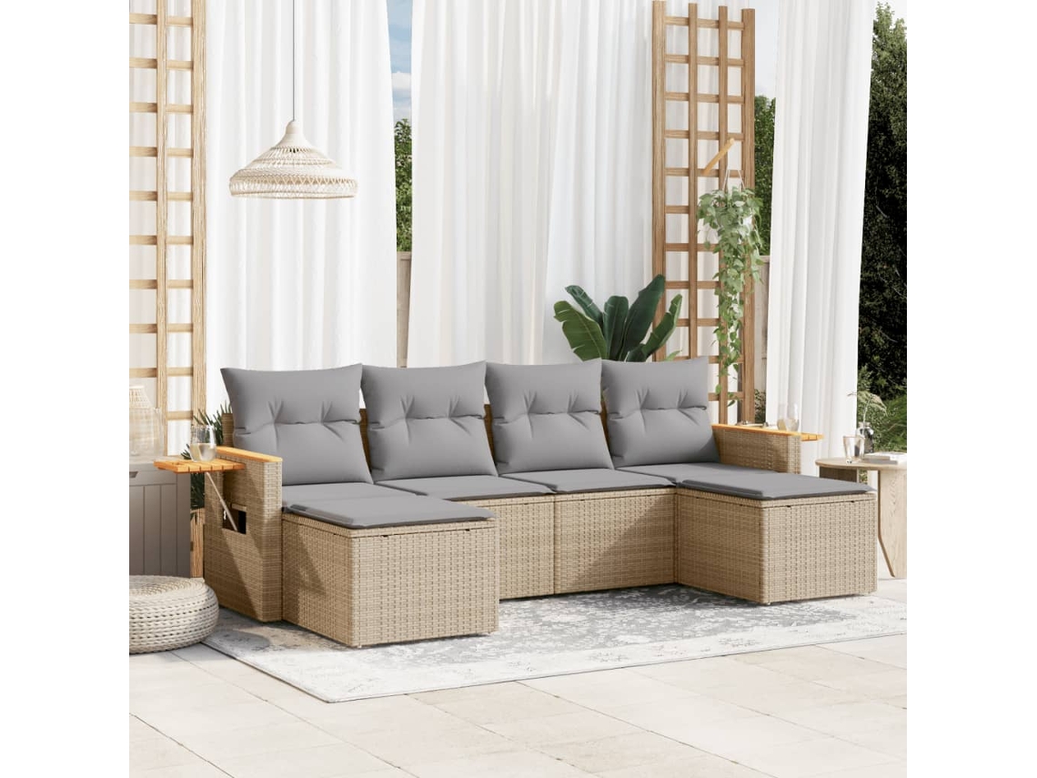 Vidaxl 6 Pcs Conjunto De Sofás P/ Jardim Com Almofadões Vime Pe Bege