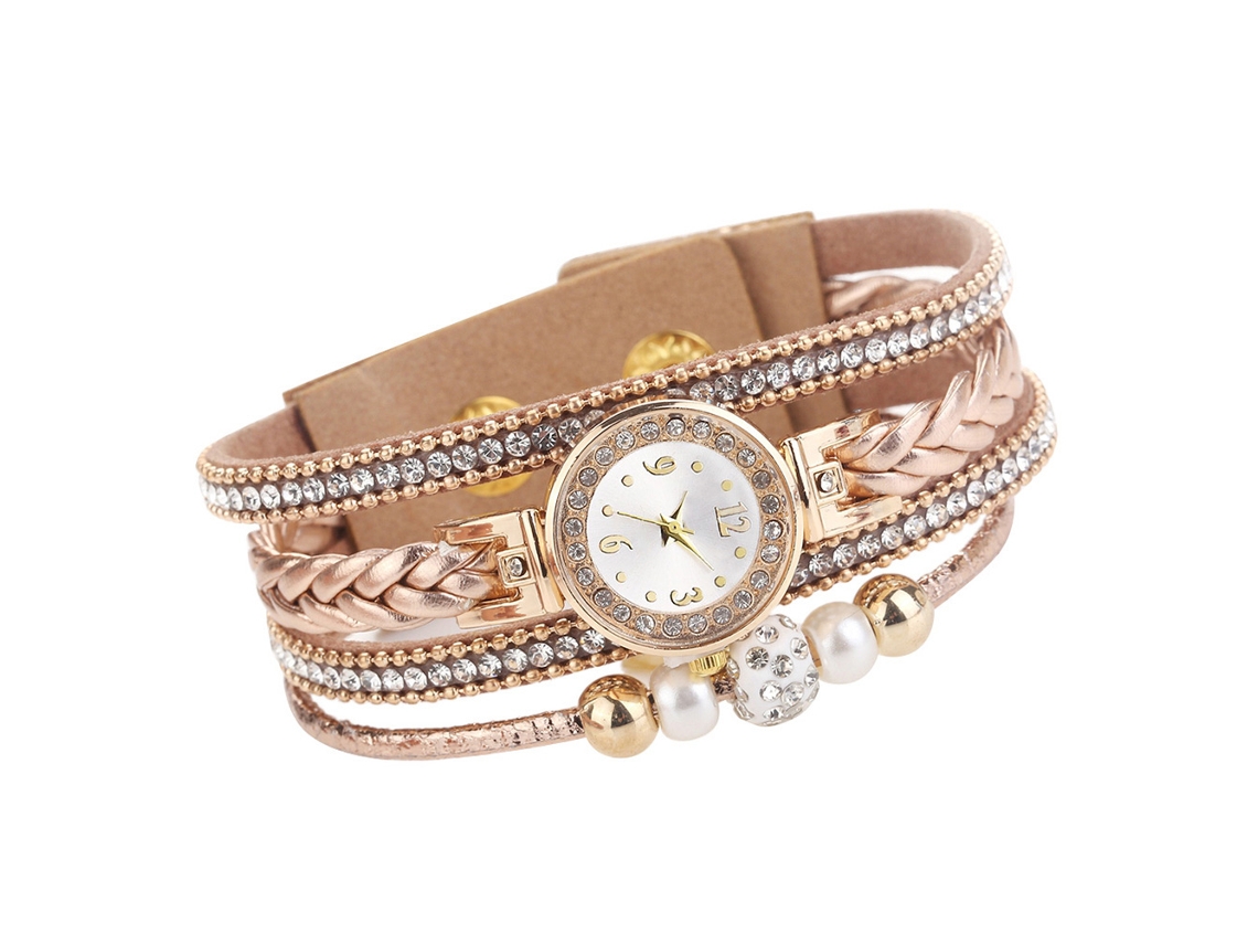 Relógio de Pulso Feminino Multicamadas Strass Pulseira de Corda Trançada Quartzo Bege