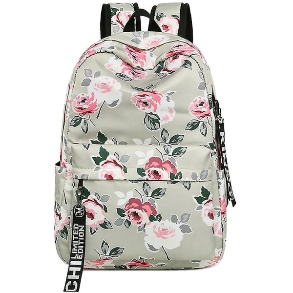 Mochila Escolar Floral Estampada, Cinza Claro