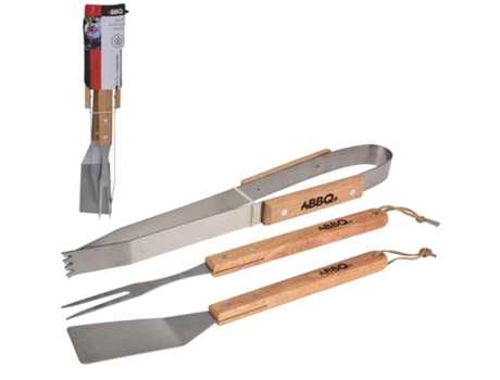 Accesorios barbacoa mango madera 3 piezas blister