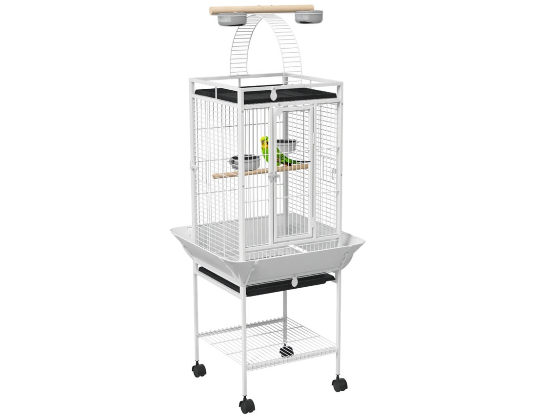 Gaiola para Pássaros Branca 62.5x62.5x156cm (3 Portas, 2 Poleiros, 360° Rotação)