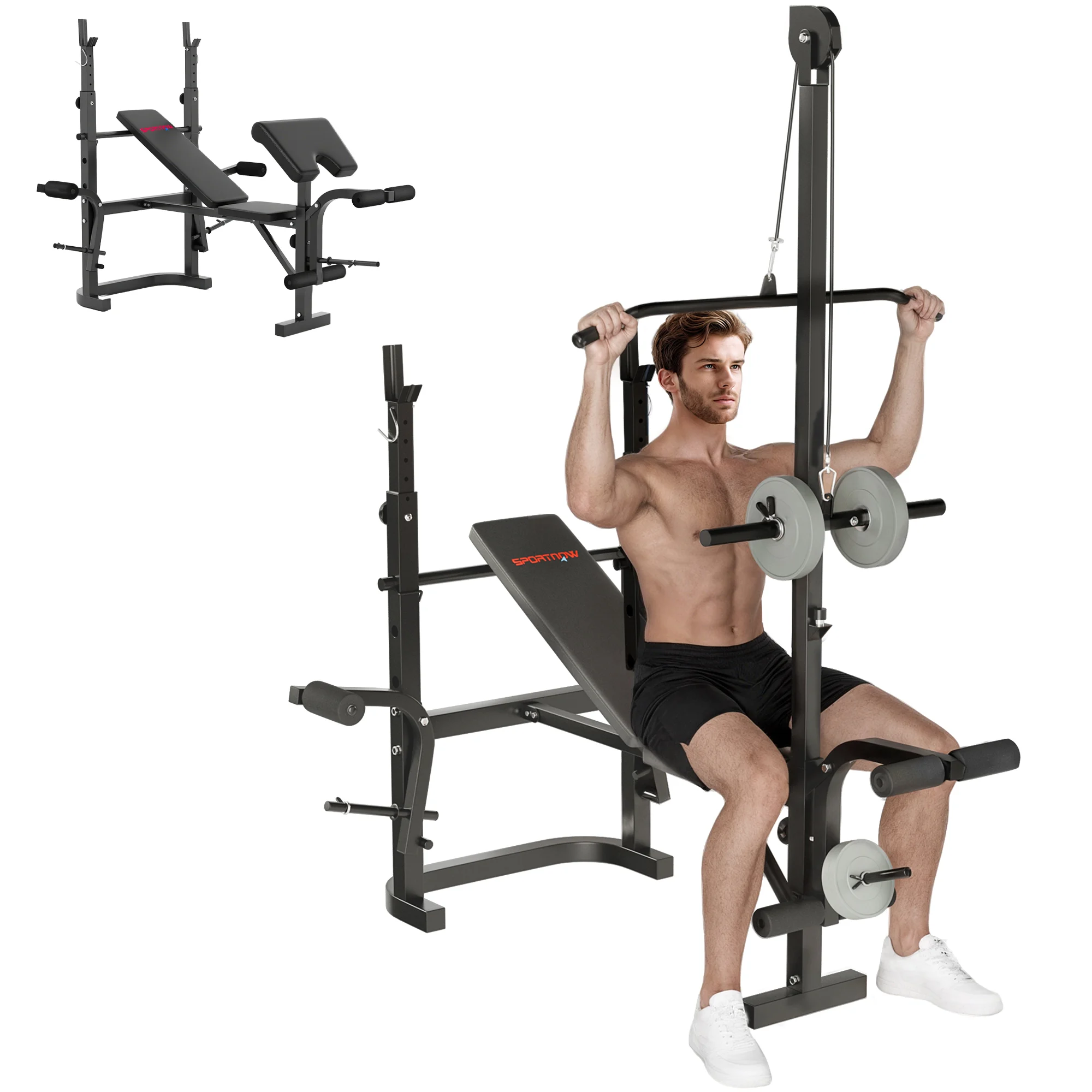 Banco de musculação multifuncional ajustável com suporte para barra, extensor de pernas, remada baixa, rosca de braço preto BTFORUS