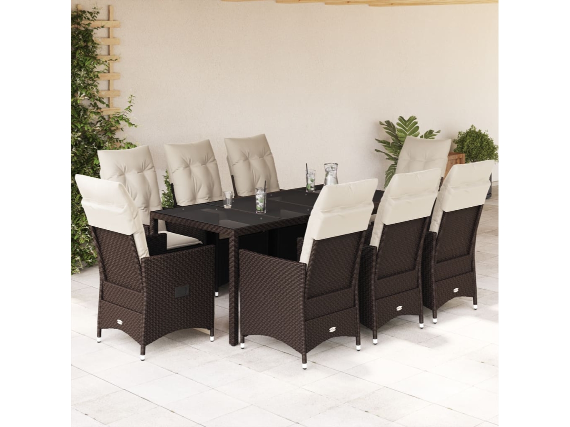 9 Pcs Conjunto Jantar P/ Jardim C/ Almofadões Vime Pe Marrom Dkd Home Decor