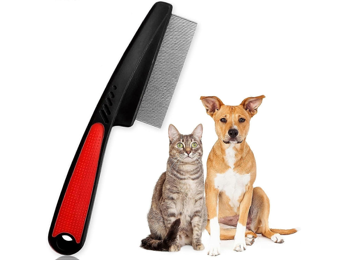 Pente De Pulgas Para Cães Gatos, Pente De Cabelo Com Cabo De Borracha Escovas De Aço Inoxidável (vermelho)