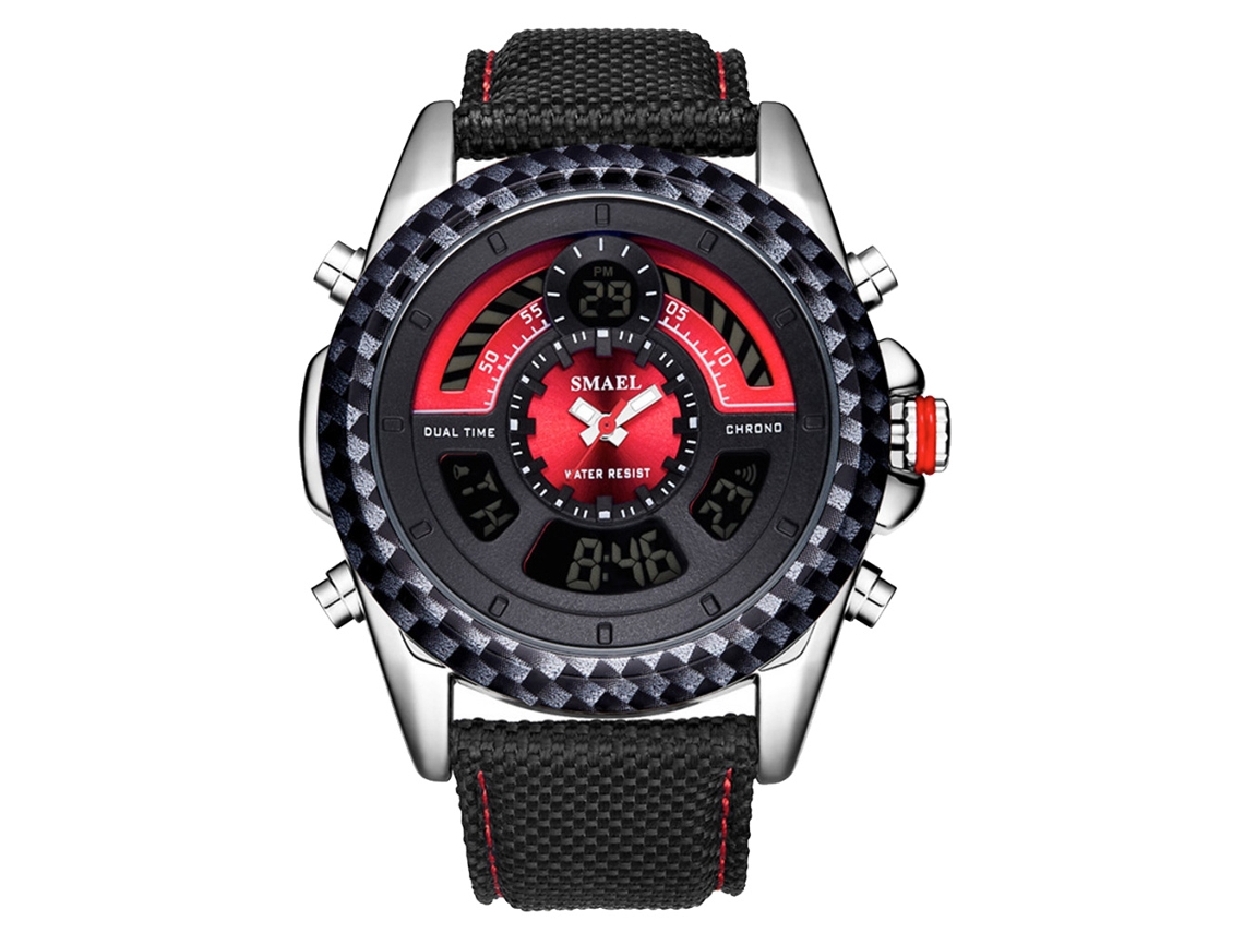 Relógio Quartz Eletrônico Masculino Smael Impermeável Pulseira Nylon Vermelho Multifuncional