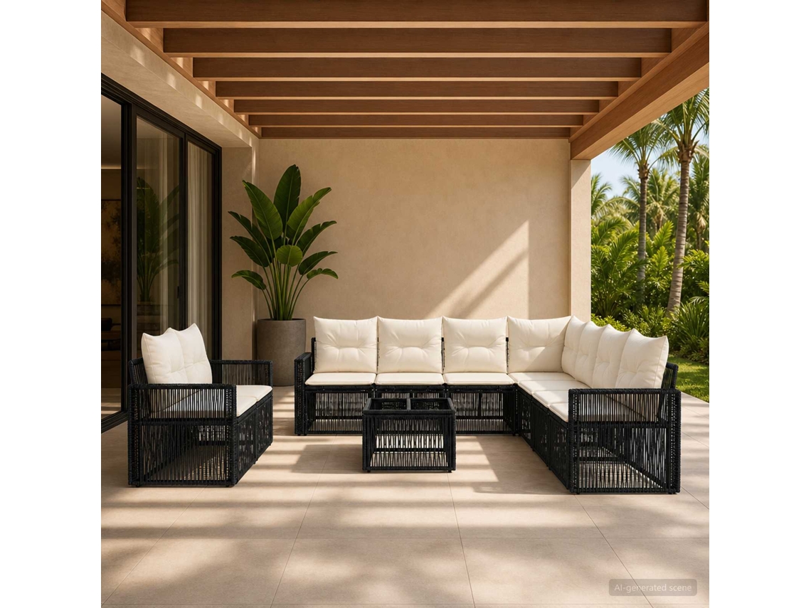Vidaxl Conjunto De Sofá De Jardim 10 Unid. Preto E Branco Creme